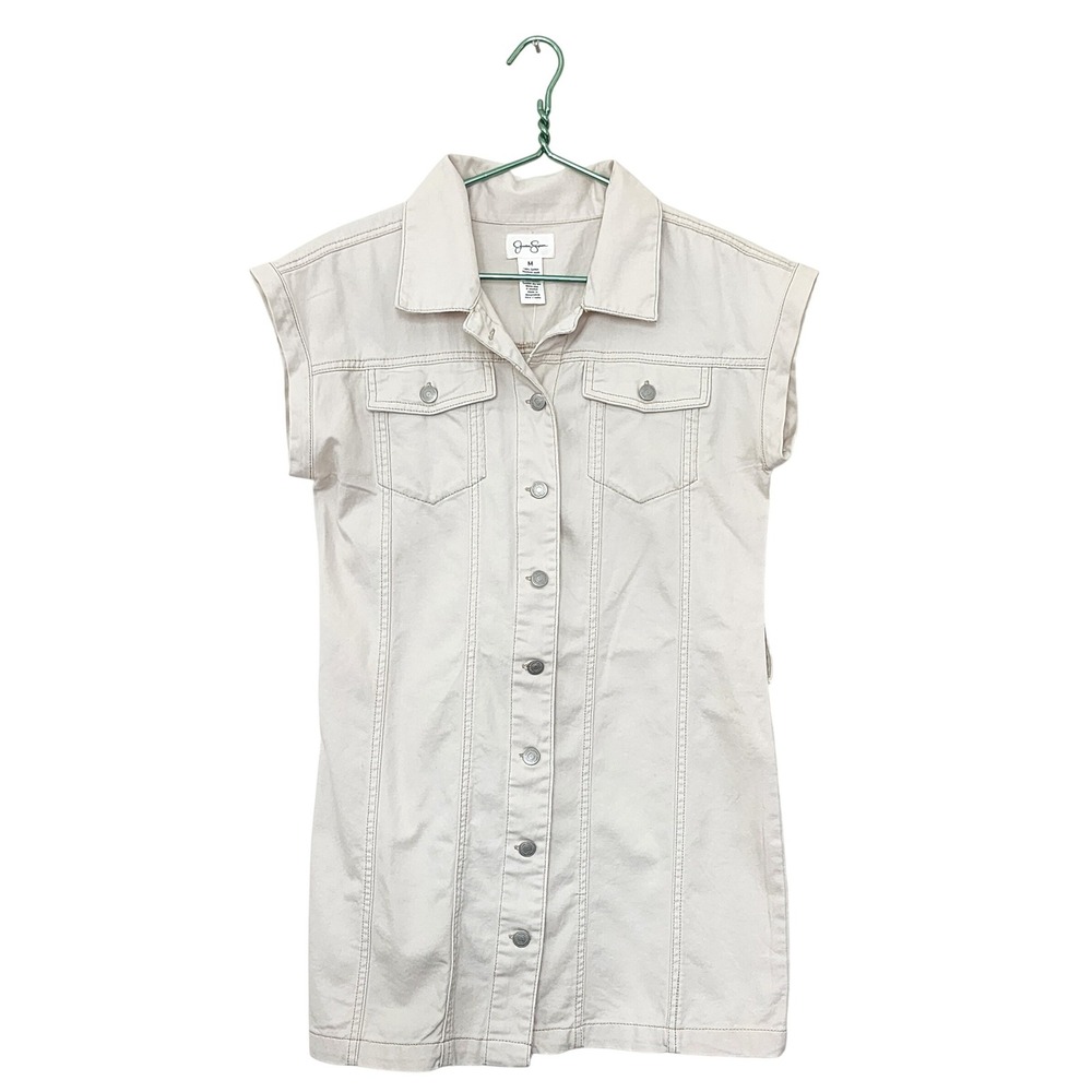 Jessica Simpson Cream Denim Mini Dress Medium Button Front 100% Cotton Preppy